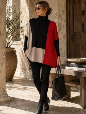 Joseph A Red Black Taupe M Colorblock Turtleneck Oversized Art To Wear Sweater